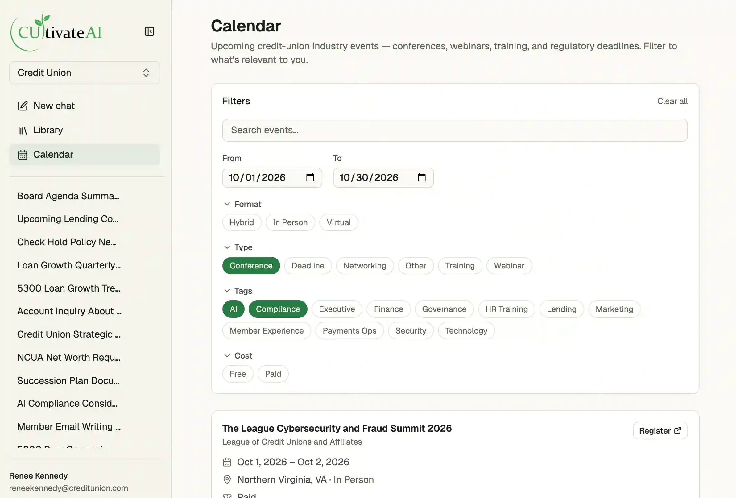The CUltivate AI industry calendar: upcoming credit-union conferences, and webinars, filterable by format, type, and topic