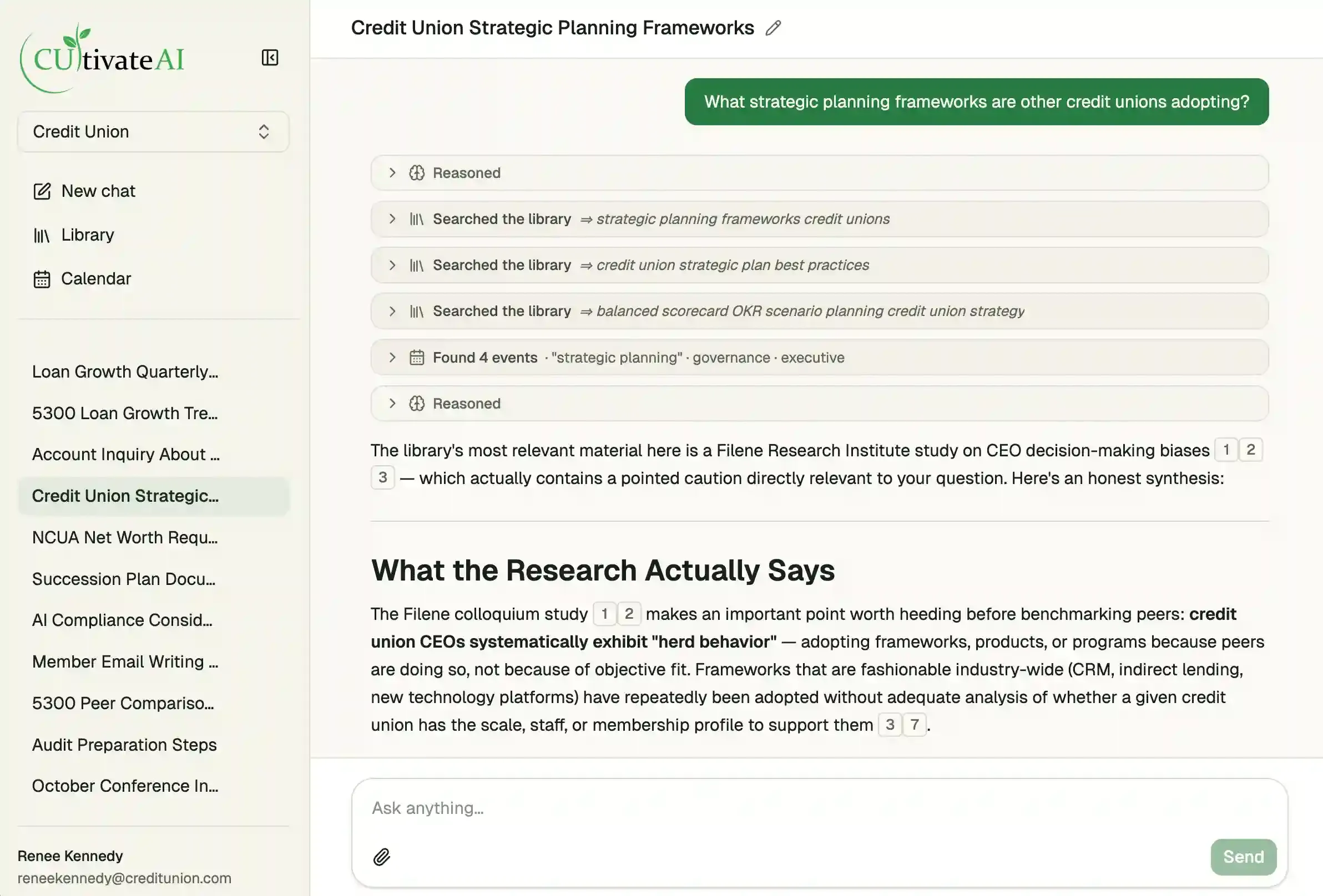 The CUltivate AI workspace answering a strategic-planning question with a synthesis cited to Filene research