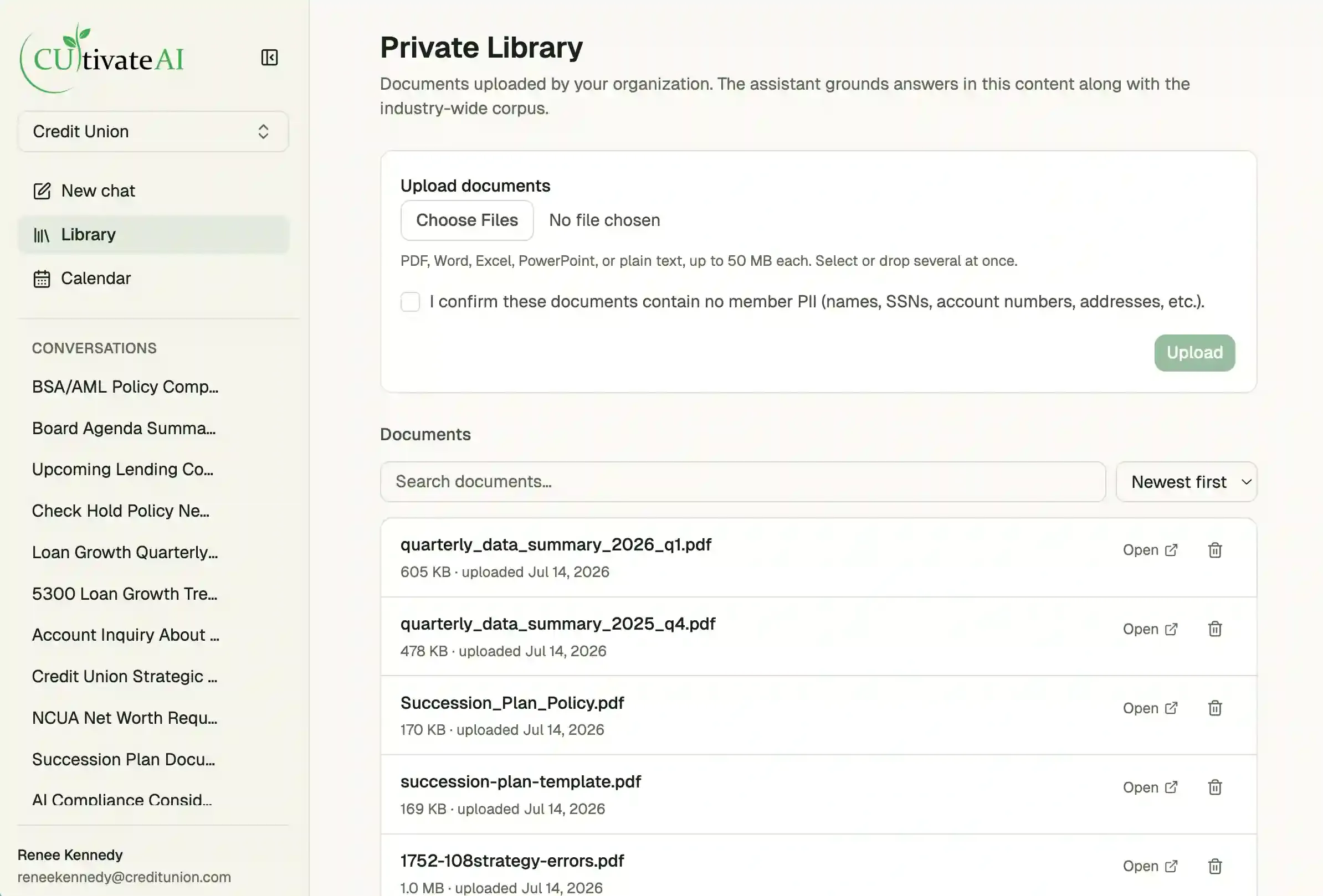 The CUltivate AI private library: an upload screen for the credit union's own documents — with a required confirmation that files contain no member PII — above a searchable list of uploaded policies and plans.