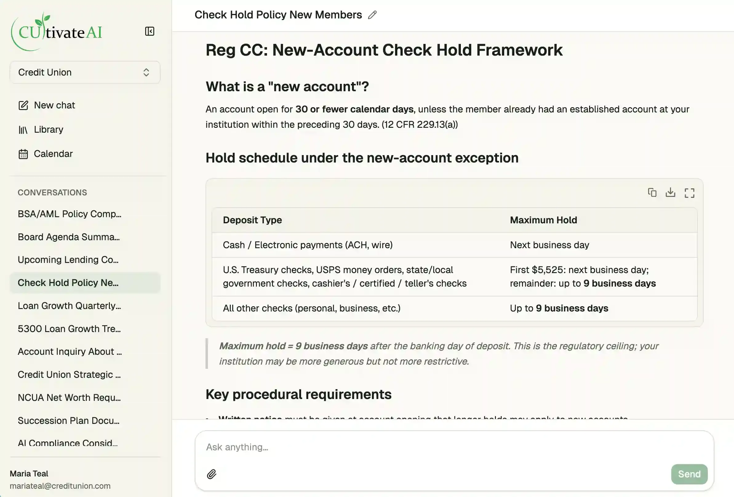 CUltivate AI answering a check hold question with the Reg CC new-account hold framework — deposit types, maximum hold periods, and key procedural requirements.